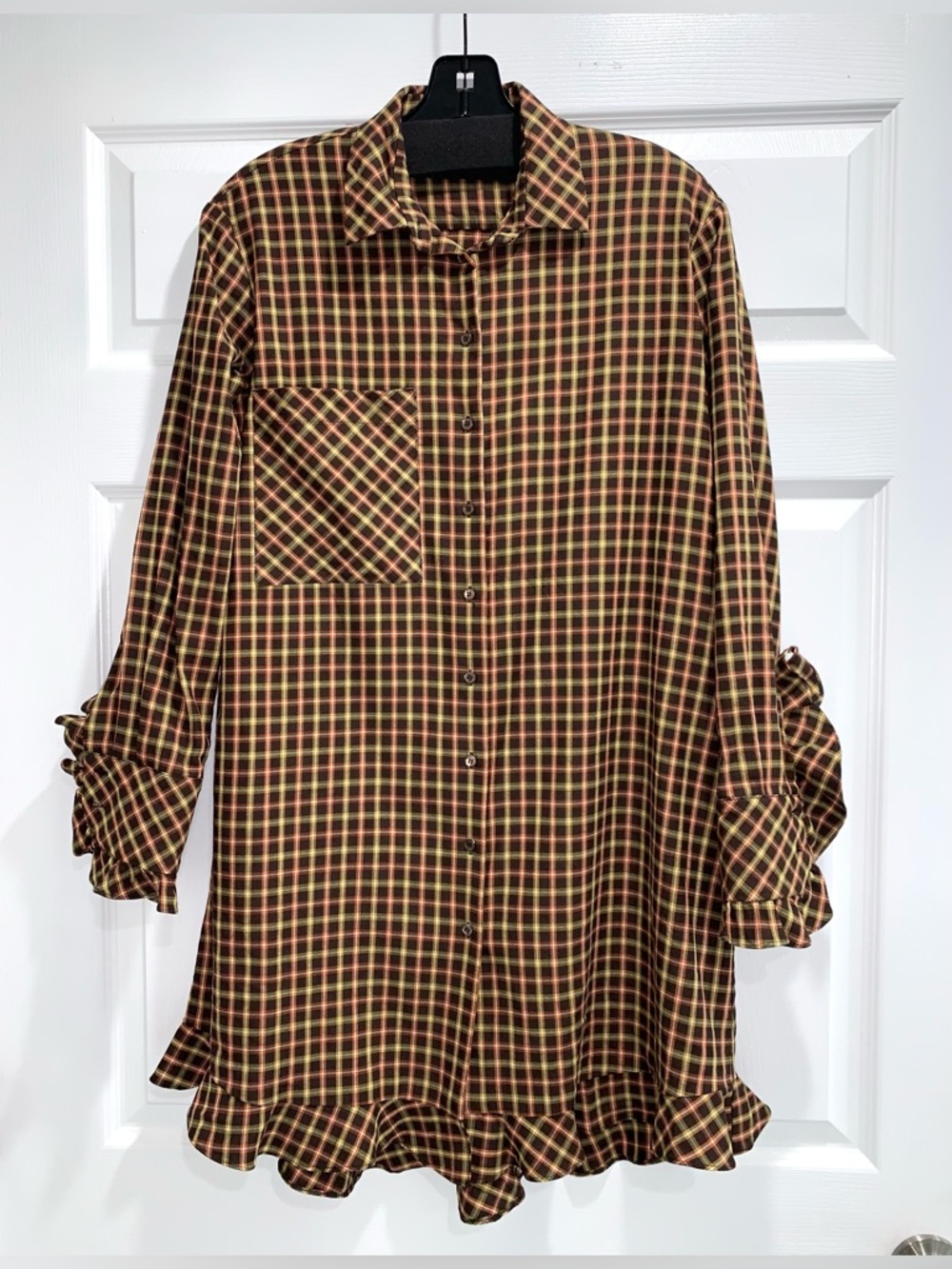 La belle Vie! Brown and Yellow Plaid Ruffle-Hem Shirt Dress, Size S